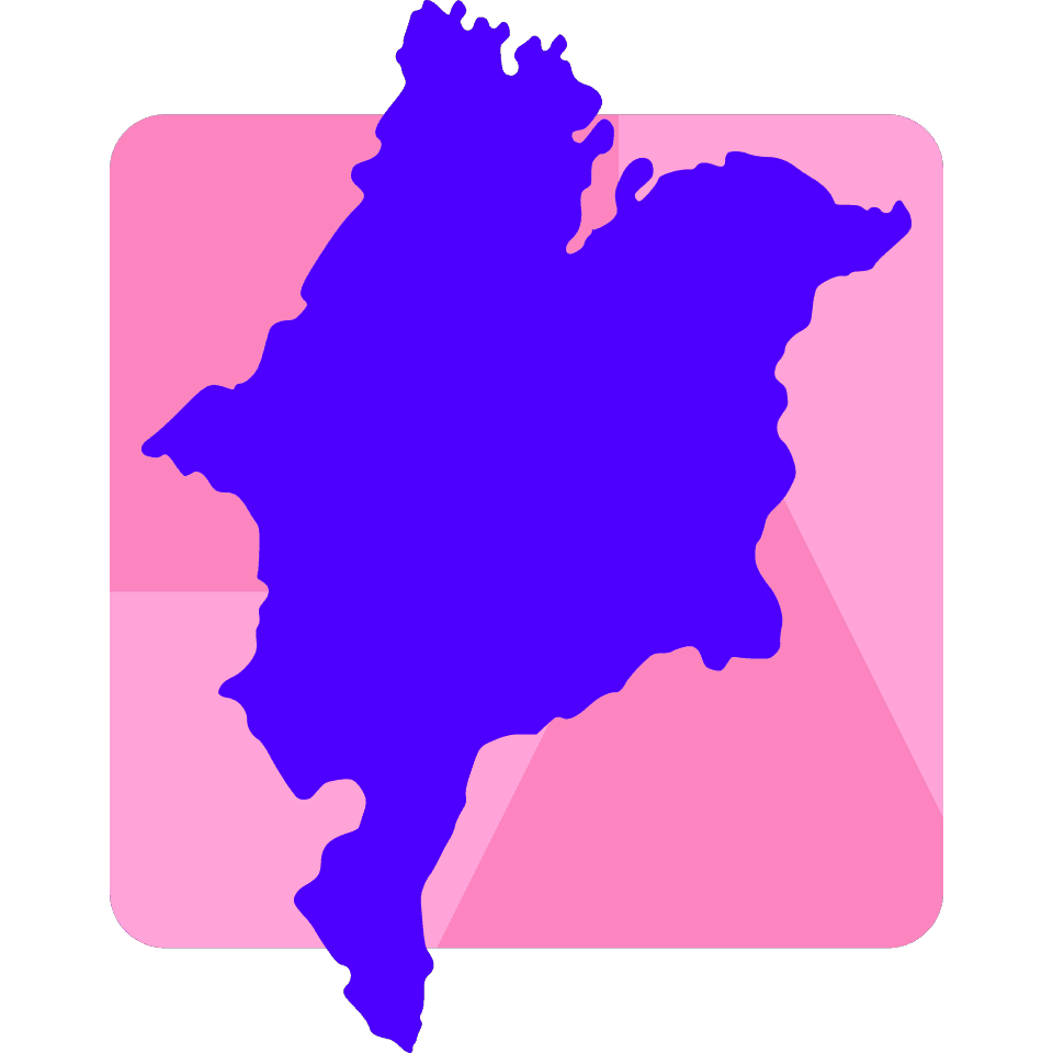 Mapa do estado do Maranhão em azul sobre retângulo arrendondado rosa
